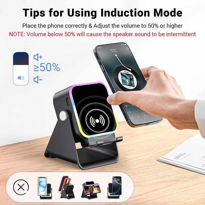 Wireless Induction Audio Speaker Stand, 5In1 Cellphone Holder, 3500Mah Rechargeable Emergency Power Bank,360° Adjustable Mobile Tablet Stand with Colorful Ambient Light Gifts for Men Women,Tiktokshopholidayhaul