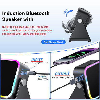 Wireless Induction Audio Speaker Stand, 5In1 Cellphone Holder, 3500Mah Rechargeable Emergency Power Bank,360° Adjustable Mobile Tablet Stand with Colorful Ambient Light Gifts for Men Women,Tiktokshopholidayhaul