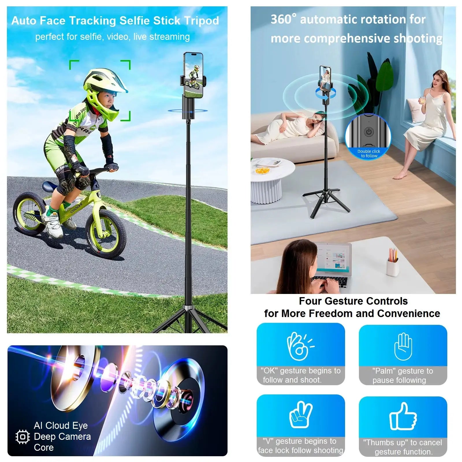 Auto Face Tracking Tripod 360° Rotation for Iphone Android, 59'' Auto Tracking Phone Holder Tripod Selfie Stick for Video Vlogs