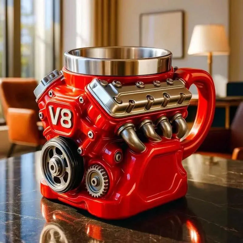 Engine-Themed Coffee Mug, a Retro-Styled, Realistic V8 Engine Stainless Steel Mug, a Personalized Double-Walled Insulated Car Mug with a Handle, the Perfect Gift for Father'S Day, Christmas, Husbands, Mechanics, and Car Enthusiasts.