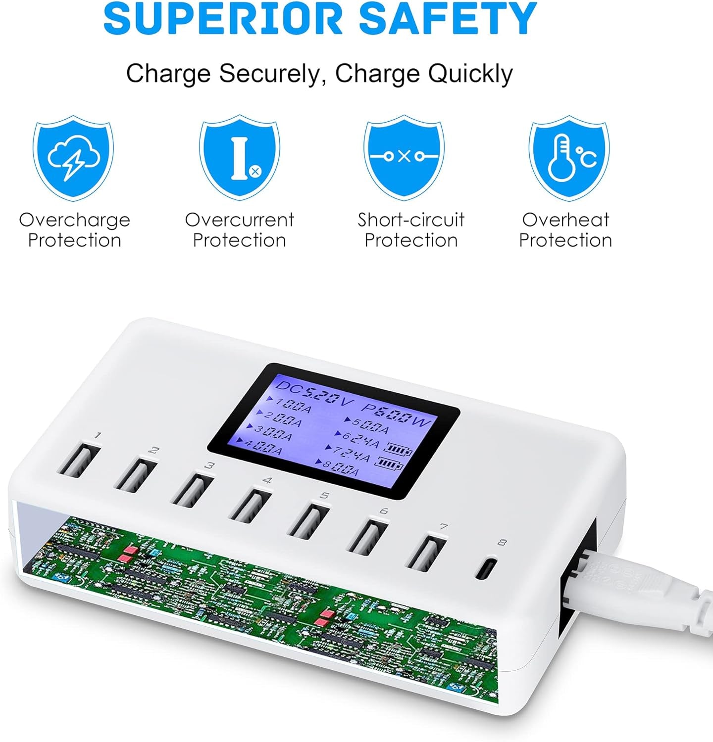 60W 12A 8-Port USB Charging Station - Multi Port USB Hub Charger with LCD Display - Compatible with Iphone, Ipad, Samsung, Kindle, Tablet, Bluetooth Earbuds and More