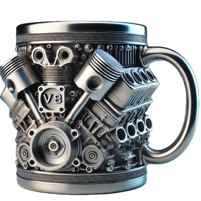 Engine-Themed Coffee Mug, a Retro-Styled, Realistic V8 Engine Stainless Steel Mug, a Personalized Double-Walled Insulated Car Mug with a Handle, the Perfect Gift for Father'S Day, Christmas, Husbands, Mechanics, and Car Enthusiasts.