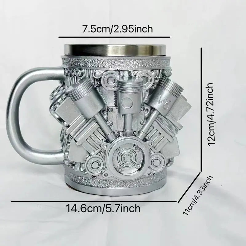 Engine-Themed Coffee Mug, a Retro-Styled, Realistic V8 Engine Stainless Steel Mug, a Personalized Double-Walled Insulated Car Mug with a Handle, the Perfect Gift for Father'S Day, Christmas, Husbands, Mechanics, and Car Enthusiasts.