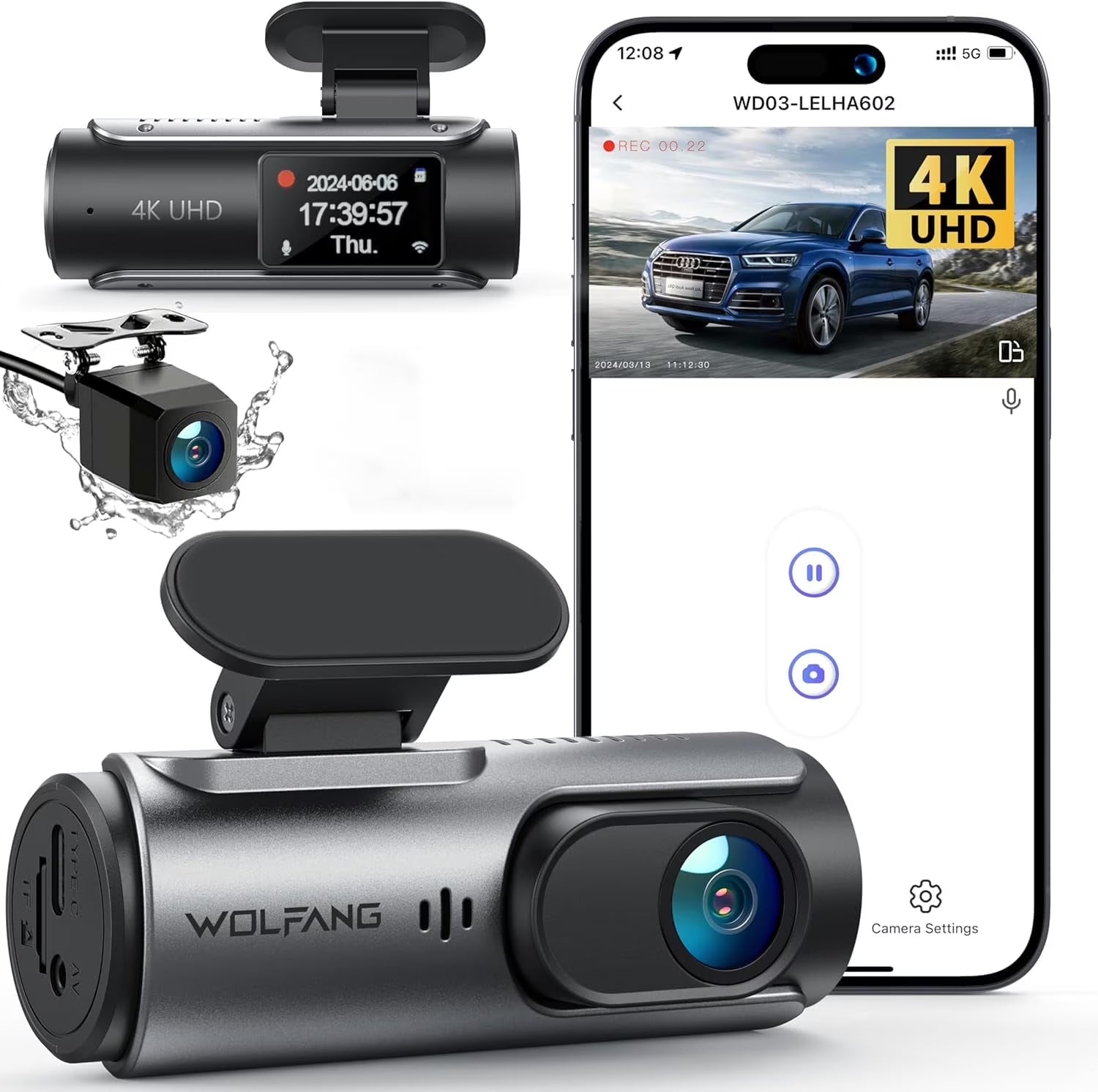 Dash Cam Front and Rear, 4K+1080P Dual Car Camera, Parking Monitor, Loop Recording