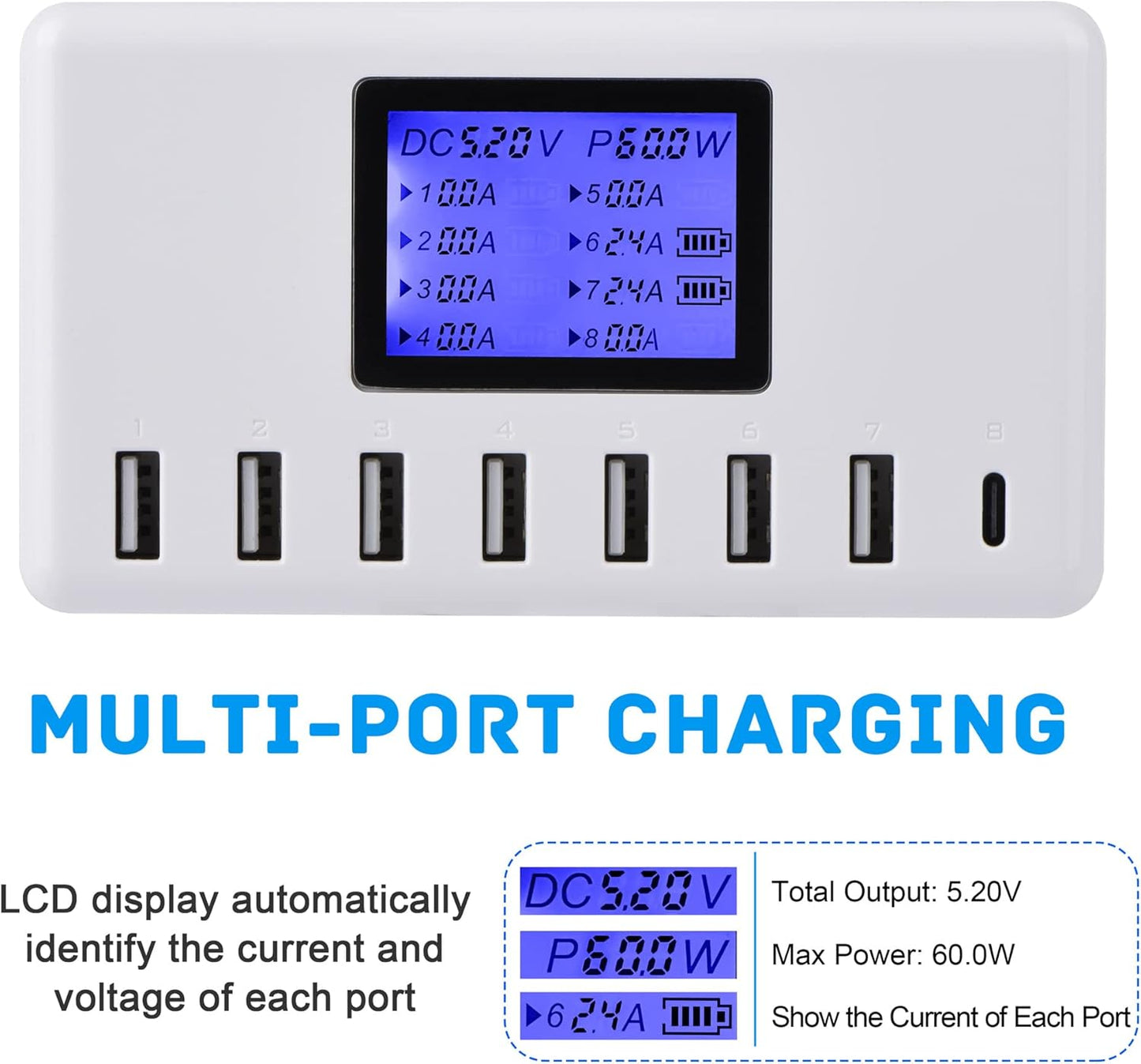 60W 12A 8-Port USB Charging Station - Multi Port USB Hub Charger with LCD Display - Compatible with Iphone, Ipad, Samsung, Kindle, Tablet, Bluetooth Earbuds and More