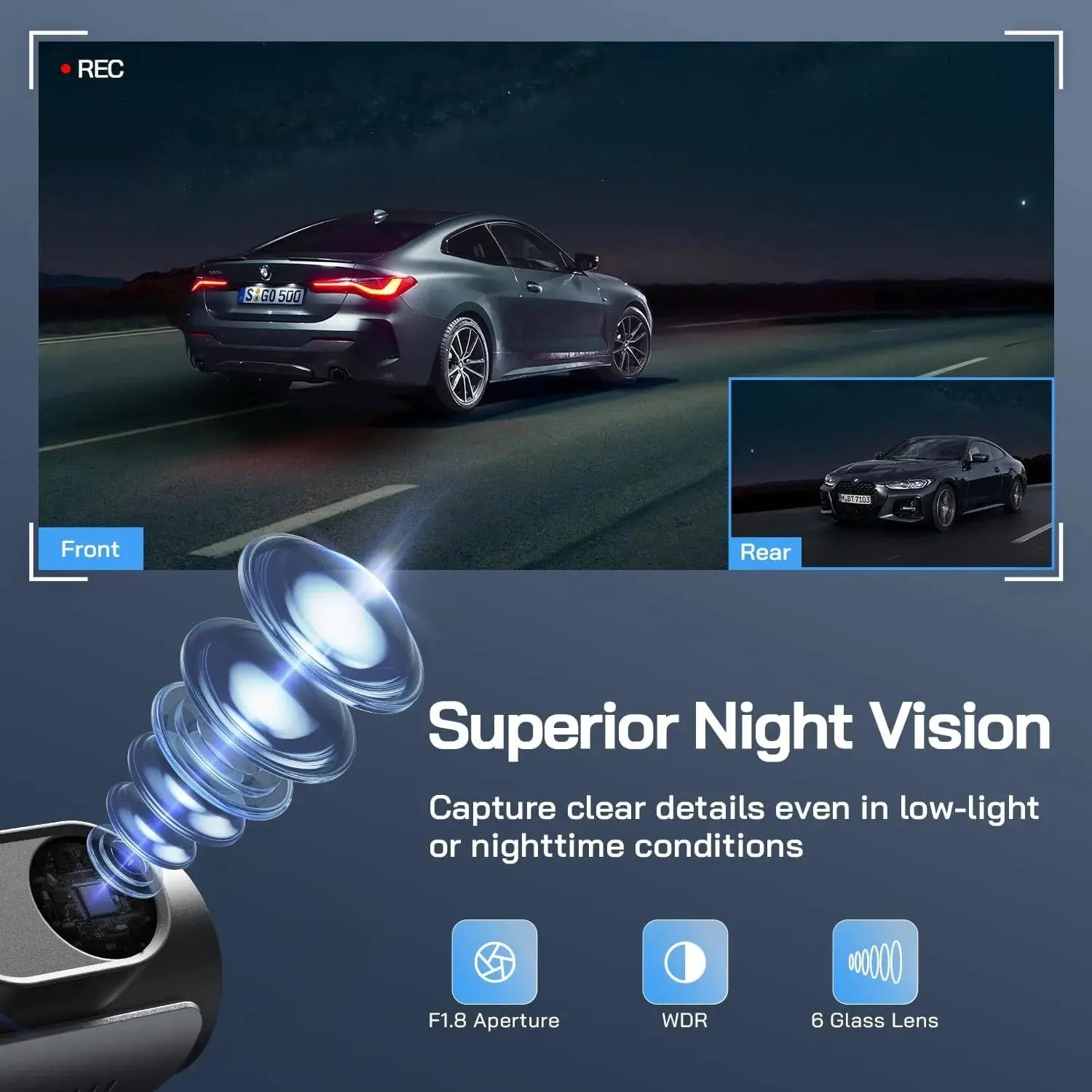 Dash Cam Front and Rear, 4K+1080P Dual Car Camera, Parking Monitor, Loop Recording